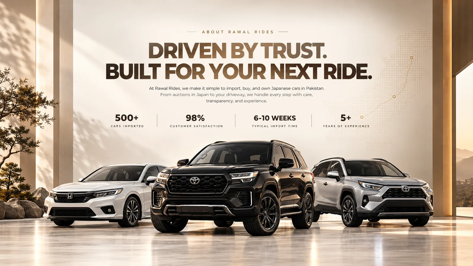 Rawal Rides about banner — driven by trust, built for your next ride, with a white saloon, a black SUV and a silver SUV