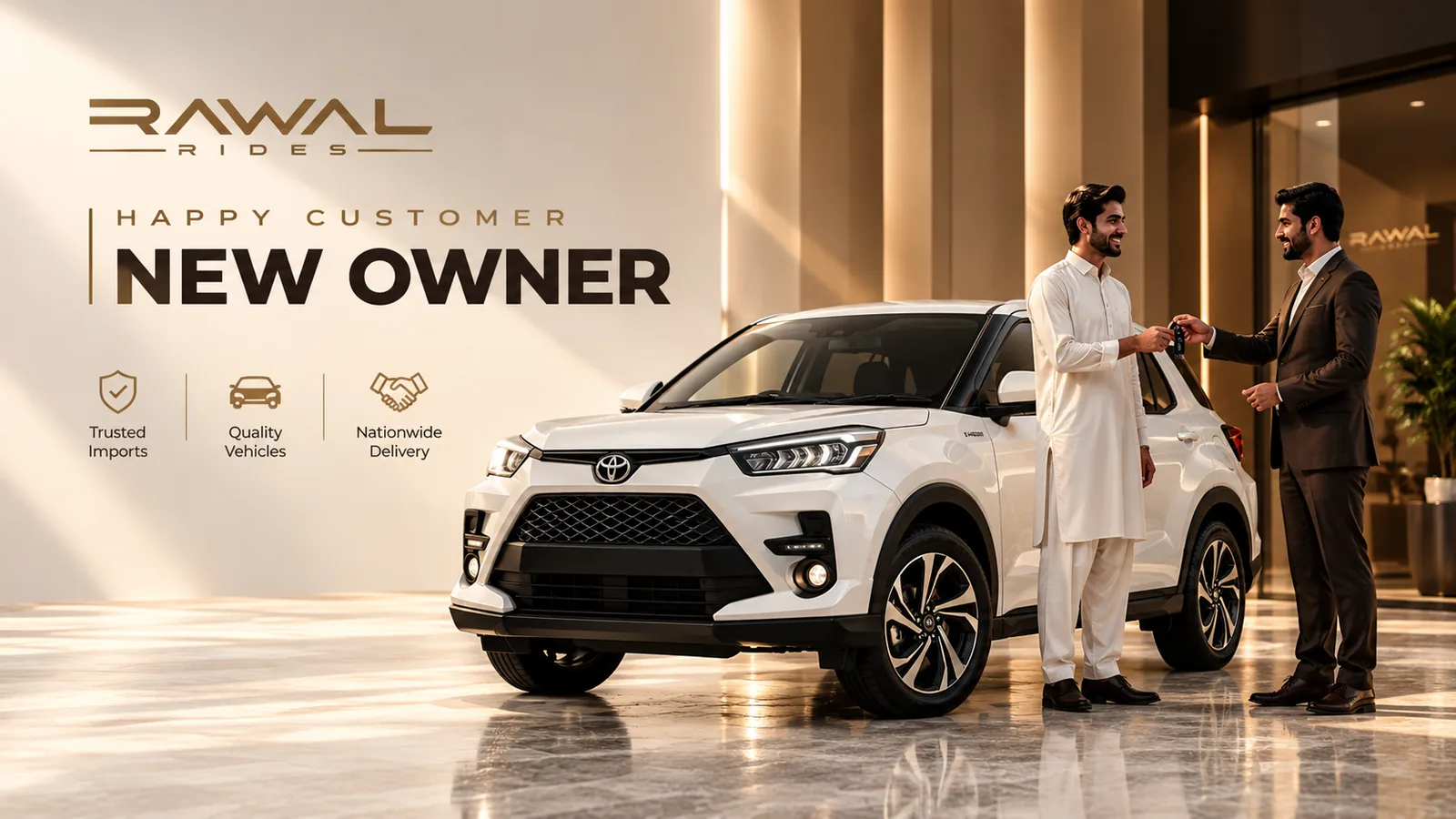A new owner collecting the keys to a white Toyota SUV from a Rawal Rides salesperson